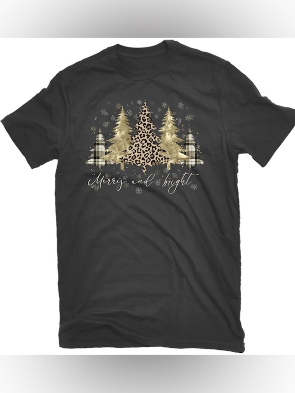 Merry and Bright Black Short Sleeve Tee with Gold & Leopard Tree Graphic